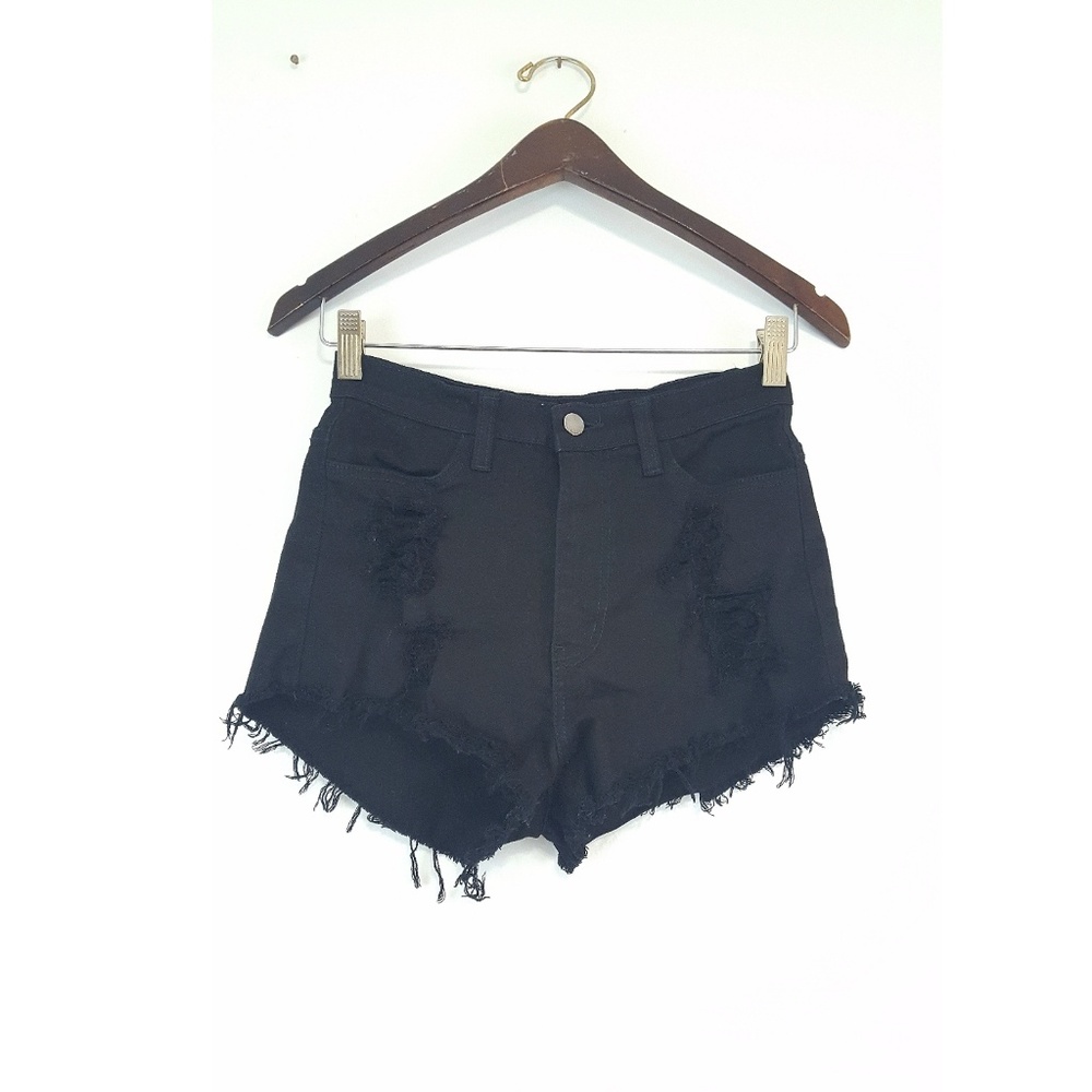 Denim Stretch High Waist Distressed Black Shorts
